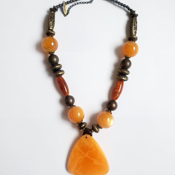 Gorgeous Vintage Autumn Amber Glass Statement Necklace Beads Stones Rustic Chain - Picture 8 of 9